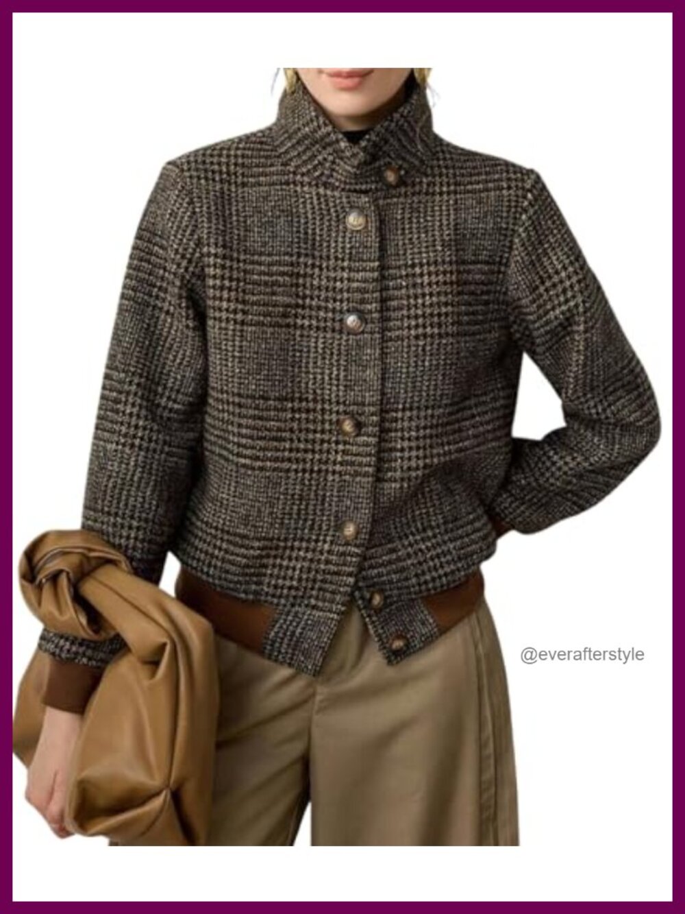 Women's Plaid Wool Blend Bomber Jacket Loose Fit Crop Business Casual